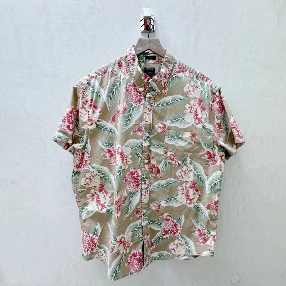 J Crew || Floral Resort Shirt Short Sleeve Button Up in Safari Tan XL